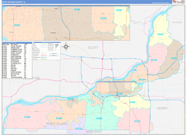 Rock Island County, IL Wall Map Color Cast Style